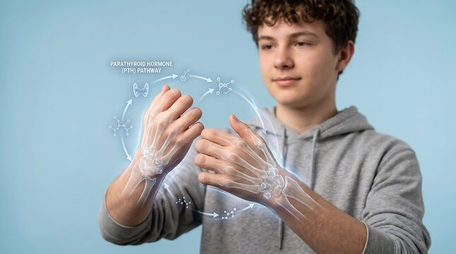 Young man with digital holographic overlay showing bone structure and parathyroid hormone pathway infographic