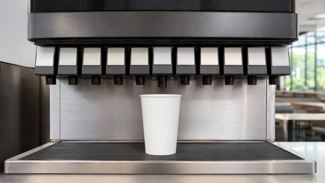 Soda fountain with cup eye level perspective with soft natural light and bold styling fine detail
