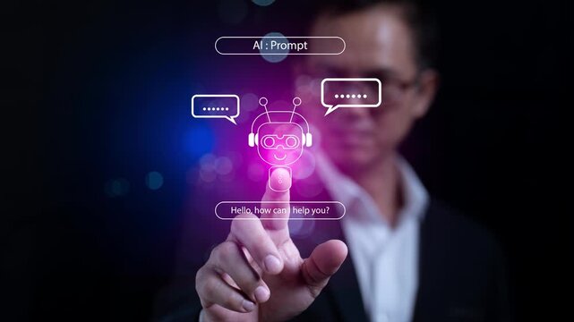 Businessman touching virtual AI chatbot icon with prompt message box, representing artificial intelligence customer service, automated assistance, virtual assistant, and smart technology concept.