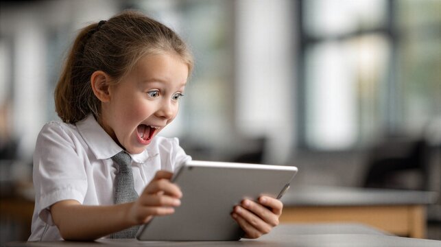 Primary school girl explaining task on tablet to classmate represents teamwork, digital learning and positive peer interaction encouraging understanding and shared progress