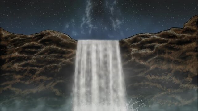 Seamless looping video waterfall night landscape animation background