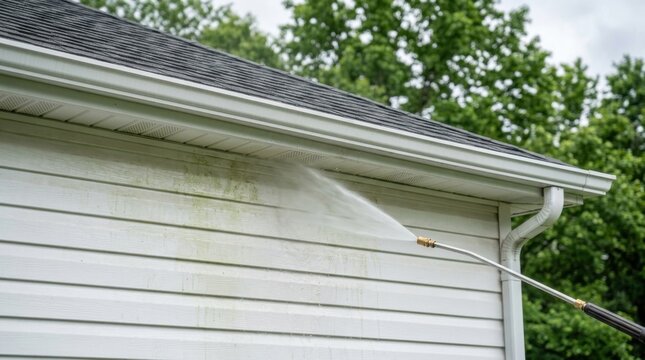 Power washing service cleaning white house wall and gutter soffit area removing dirt and grime with high pressure water jet.