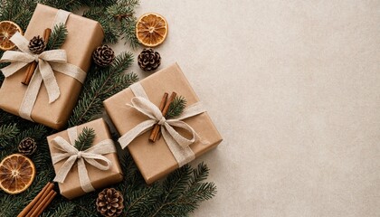 Fototapeta premium Natural Christmas Gift Boxes Wrapped In Kraft And Linen