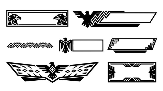 Huichol inspired eagle head banner triangle frame chevron border and geometric eye vector elements design set