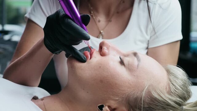 A cosmetic practitioner performs a lip blush tattoo procedure on a client using a permanent makeup machine in a beauty studio.