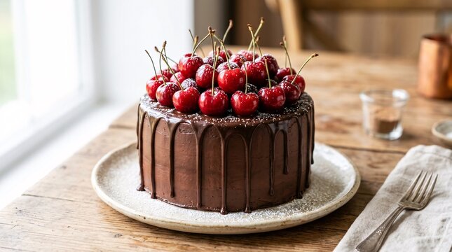 Decadent chocolate layer cake covered in silky ganache glaze with fresh red cherries on top served on vintage ceramic plate over rustic wooden table background