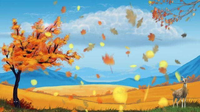 Seamless loop autumn scene with falling leaves deer landscape animation