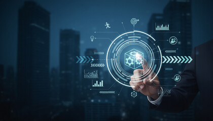 Obraz premium Hand of businessman pressing interactive screen showing workflow automation and gears on city skyline.