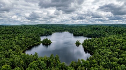 Vast forest surrounding calm lake aerial view © TAHU