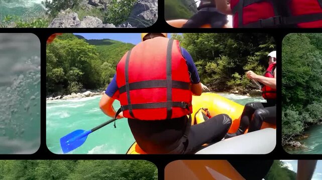 Adrenaline Whitewater Rafting Group Adventure Multi Angle Compilation in Beautiful Forest Canyon. Ideal choice for extreme sports promotions, active tourism commercials, and adventure travel vlogs.