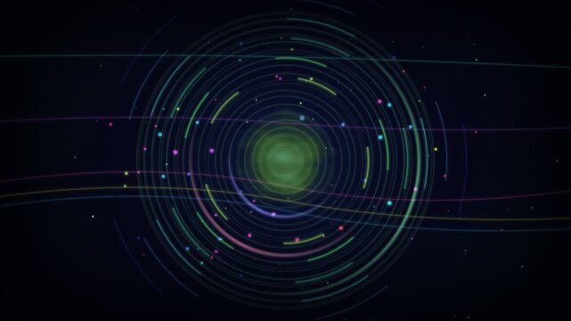 Orbital System With Color Shifting Core And Pastel Ring Paths