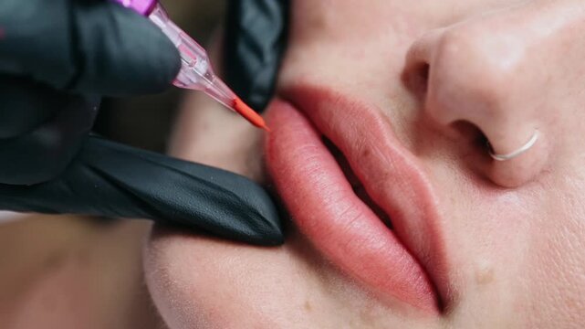 Macro close up of a permanent makeup artist performing a lip blush tattoo procedure with a PMU machine in a professional beauty salon.