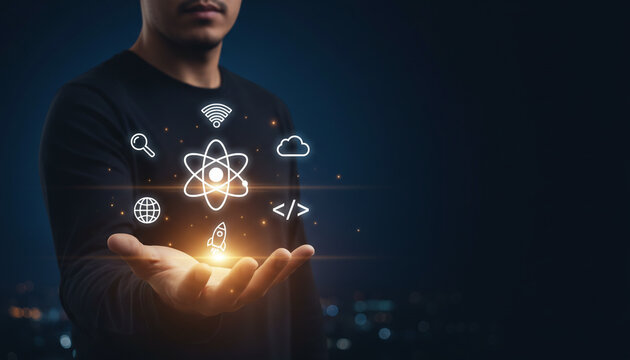 Person holding glowing scientific and technological innovation icons.