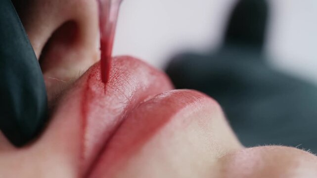 Extreme close up of a permanent makeup artist performing a lip blush tattoo procedure with a PMU machine in a professional beauty salon.