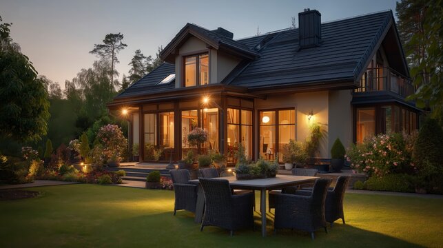 Luxury house backyard at sunset glows with warm garden lights, elegant outdoor dining, and vibrant landscaping, creating a welcoming retreat for peaceful evenings and memorable gatherings.
