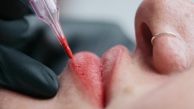 Extreme close up of a permanent makeup artist performing a lip blush tattoo procedure with a PMU machine in a professional beauty salon.