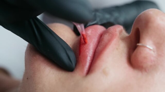 Extreme close up of a permanent makeup artist performing a lip blush tattoo procedure with a PMU machine in a professional beauty salon.