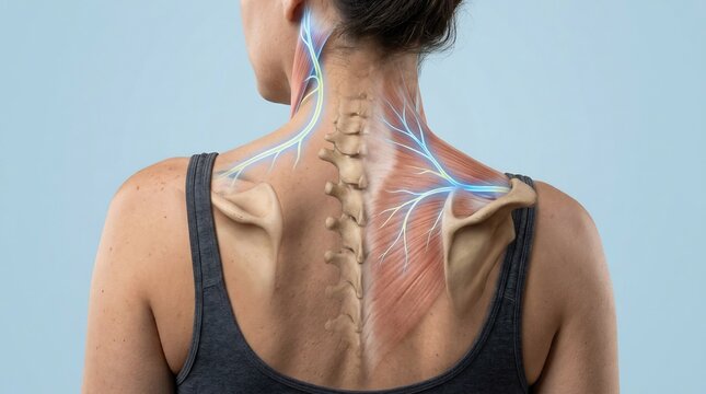 Medical illustration of human upper back and neck showing spine, muscles, and highlighted nerves