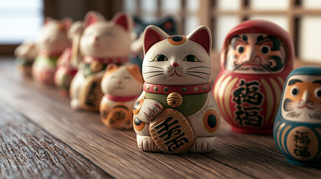 Traditional maneki-neko lucky cat figurine with daruma dolls