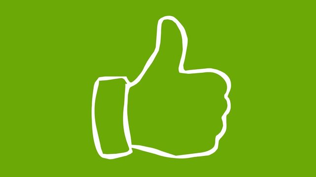 white animated thumbs up icon featuring a whiteboard style with a boiling line effect. Isolated on a green screen chroma key background, perfect for video editing and social media concepts