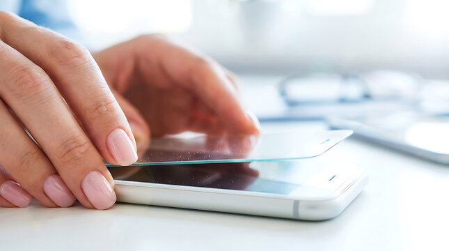 Hands applying clear screen protector to smartphone