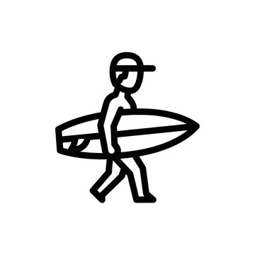 Line icon of a surfer carrying a surfboard walking on the beach