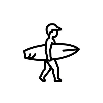 Male surfer walking and carrying a surfboard line art icon