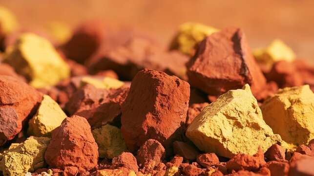 Rough bauxite ore pile close-up, ochre to reddish-brown tones, morning light and shallow depth