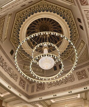Ornate Chandelier and Islamic Ceiling Inside Masjid Al Aziz Al Hakim in Cairo Egypt