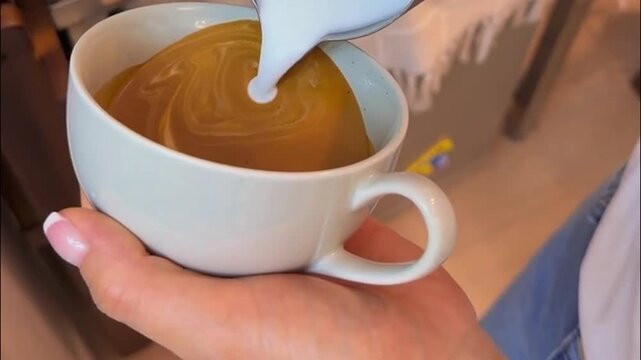 Barista Pouring Steamed Milk to Create Latte Art Rosetta Design in Coffee Cup