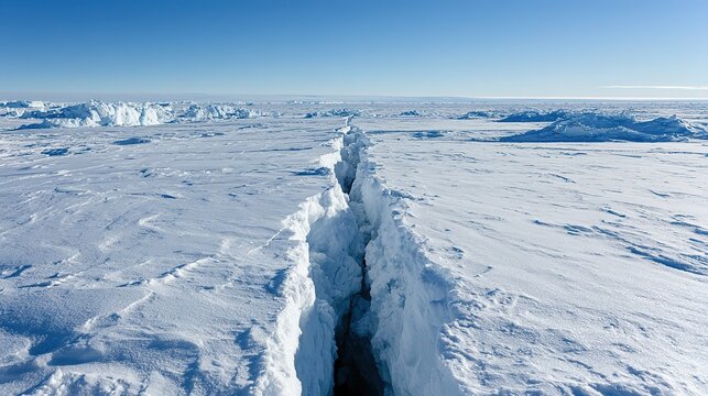 Vast glacier with widening dark crevasse, dramatic shadows, cold tones, climate change concept