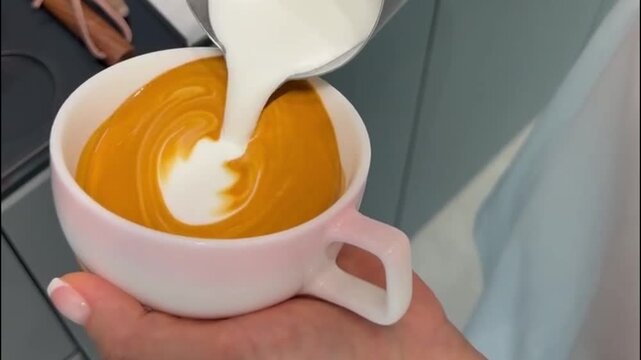 Barista Pouring Steamed Milk to Create Latte Art Rosetta Pattern in Coffee Cup