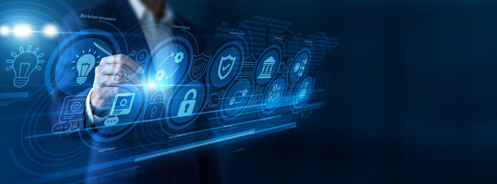 FinTech developer pointing the pen mapping Blockchain ledgers on a highly secure virtual screen. Tracing decentralized cryptocurrency networks and verifying encrypted smart contract transactions.