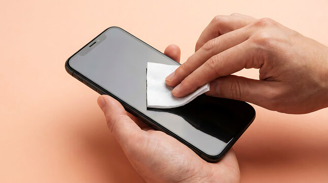 Hands cleaning smartphone screen with microfiber cloth