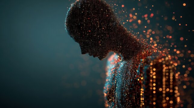 Digital human silhouette made of glowing orange particles, abstract data visualization of a person, futuristic high-tech concept art for AI