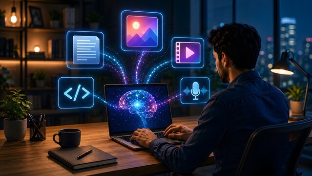 Digital Interface Icons Surrounding A Laptop Displaying A Brain Illuminated Scene