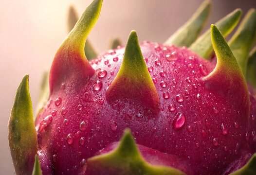 Macro close up of a vibrant pink dragon fruit covered in refreshing water droplets showing texture and detail