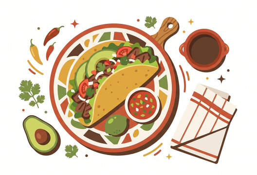Traditional Mexican Beef Tacos Illustration with Avocado, Salsa, Lime, and Chili Peppers