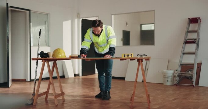 Man, engineer and writing on document for construction, blueprint and sketch for architecture. Person, drawing and tablet at site with paperwork, floor plan and property layout for building expansion