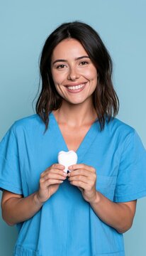 Dental hygienist holding tooth model with confident smile on blue background