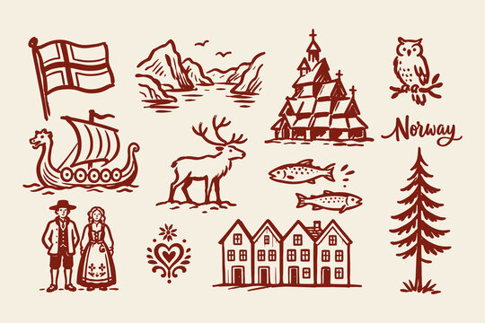 Norway Travel Symbols Hand Drawn Vector Set