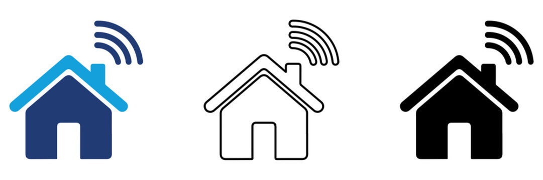 Multicolor Home WiFi Icon Set with Filled and Outline Styles for Smart Home Wireless Internet Network Connectivity Router and Digital Technology Isolated on Transparent Background