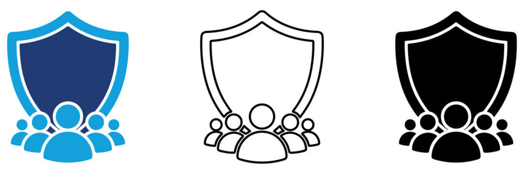 Multicolor Shield People Icon Set with Filled and Outline Styles for Team Protection Community Security Group Safety and User Privacy Isolated on Transparent Background