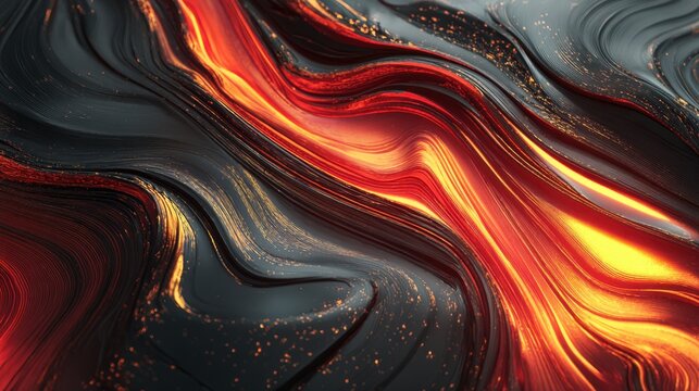 Abstract liquid marble texture with glowing orange lava flows, dark obsidian stone waves, luxury gold glitter accents