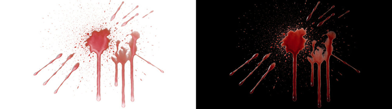 Realistic red blood splat with long drips and droplets for horror crime scene and medical graphic design featuring PNG, Transparent and Black Background Versions