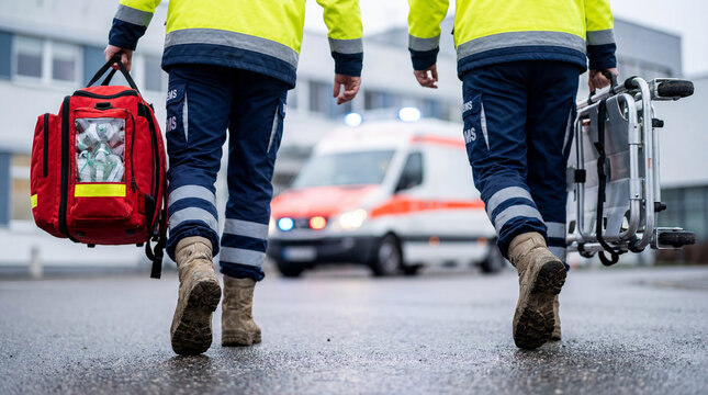 Emergency medical responders walking toward an ambulance carrying a medical bag and stretcher, low-angle rear view with close-up of boots on a wet street