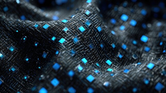 smart fabric with glowing blue LED pixels. High-tech digital textile texture. Cyberpunk electronic cloth material for wearable technology.