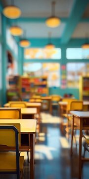 Blurred Traditional Empty Classroom Interior During The Daytime With Scholastic Wooden Furniture Set