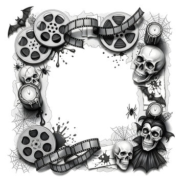 Horror Movie Theme Border with Skulls and Film Reels