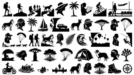 Fototapeta premium Set of black silhouette travel and adventure icons featuring hiking people outdoor animals tropical trees sports and exploration activities